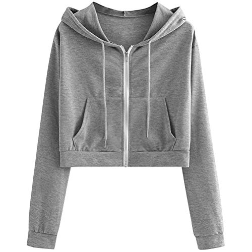 ORANDESIGNE Damen Sweatjacke, Teenager Mädchen Bauchfrei Kapuzenpullover Langarm Kurz Hoodie Sweatshirt Crop Pullover Tops Kapuzenjacke mit Kordel und Zip A Grau M von ORANDESIGNE