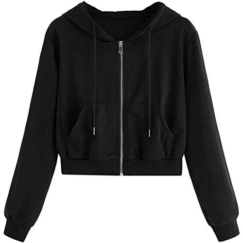 ORANDESIGNE Damen Sweatjacke, Teenager Mädchen Bauchfrei Kapuzenpullover Langarm Kurz Hoodie Sweatshirt Crop Pullover Tops Kapuzenjacke mit Kordel und Zip A Schwarz XS von ORANDESIGNE