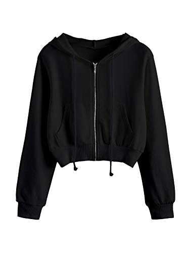 ORANDESIGNE Damen Sweatjacke mit Kapuze Teenager Mädchen Kurz Hoodie Frühjahr kuschelig Sweatshirt Kordelzug Reißverschluss Kapuzenpullover Crop Einfarbige Langarmshirt A Schwarz 38 von ORANDESIGNE