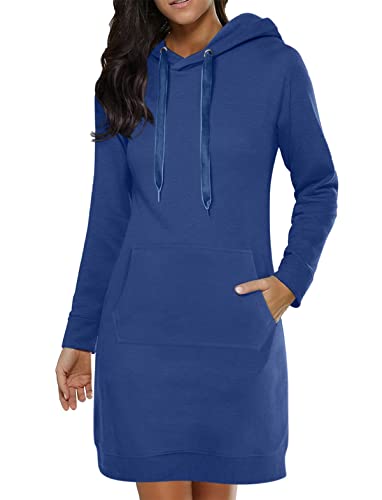 ORANDESIGNE Damen Sweatkleid Hoodie Kleid Einfarbiger Langarm Sweatshirt Kurz Kleid Kapuzenpullover Streetwear Pullover Minikleid Casual Lange Tops Pulloverkleid mit Taschen B Blau 3XL von ORANDESIGNE