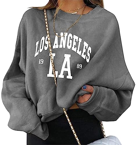 ORANDESIGNE Damen Sweatshirt Briefe Drucken Langarm Rundhals Pullover Herbst Winter Frauen Locker Casual Pulli Teenager Mädchen Oberteil Ohne Kapuze Sport Bluse Tops B Dunkelgrau XS von ORANDESIGNE
