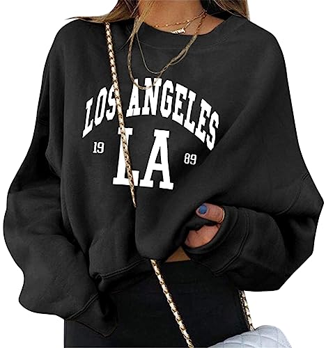 ORANDESIGNE Damen Sweatshirt Briefe Drucken Langarm Rundhals Pullover Herbst Winter Frauen Locker Casual Pulli Teenager Mädchen Oberteil Ohne Kapuze Sport Bluse Tops B Schwarz XL von ORANDESIGNE