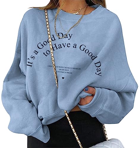 ORANDESIGNE Damen Sweatshirt Briefe Drucken Langarm Rundhals Pullover Herbst Winter Frauen Locker Casual Pulli Teenager Mädchen Oberteil Ohne Kapuze Sport Bluse Tops C Blau L von ORANDESIGNE