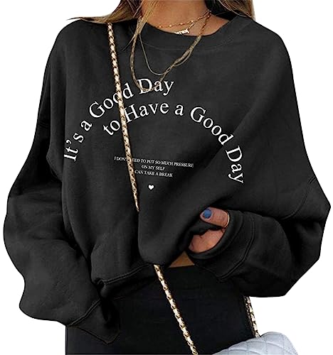 ORANDESIGNE Damen Sweatshirt Briefe Drucken Langarm Rundhals Pullover Herbst Winter Frauen Locker Casual Pulli Teenager Mädchen Oberteil Ohne Kapuze Sport Bluse Tops C Schwarz XXL von ORANDESIGNE