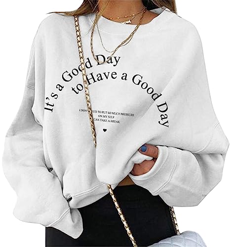ORANDESIGNE Damen Sweatshirt Briefe Drucken Langarm Rundhals Pullover Herbst Winter Frauen Locker Casual Pulli Teenager Mädchen Oberteil Ohne Kapuze Sport Bluse Tops C Weiß S von ORANDESIGNE