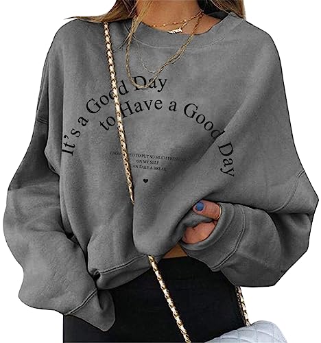 ORANDESIGNE Damen Sweatshirt Briefe Drucken Langarm Rundhals Pullover Herbst Winter Frauen Locker Casual Pulli Teenager Mädchen Oberteil Ohne Kapuze Sport Bluse Tops mit Good Vibes C Dunkelgrau XS von ORANDESIGNE