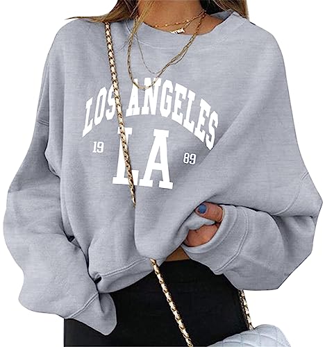 ORANDESIGNE Damen Sweatshirt Briefe Drucken Langarm Rundhals Pullover Herbst Winter Frauen Locker Casual Pulli Teenager Mädchen Oberteil Ohne Kapuze Sport Bluse Tops mit Los Angeles Drucken B Grau M von ORANDESIGNE