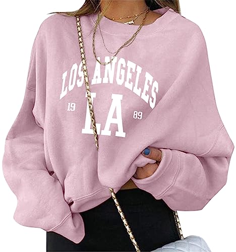 ORANDESIGNE Damen Sweatshirt Briefe Drucken Langarm Rundhals Pullover Herbst Winter Frauen Locker Casual Pulli Teenager Mädchen Oberteil Ohne Kapuze Sport Bluse Tops mit Los Angeles Drucken B Rosa XXL von ORANDESIGNE