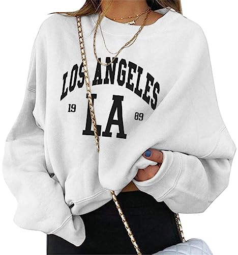 ORANDESIGNE Damen Sweatshirt Briefe Drucken Langarm Rundhals Pullover Herbst Winter Frauen Locker Casual Pulli Teenager Mädchen Oberteil Ohne Kapuze Sport Bluse Tops mit Los Angeles Drucken B Weiß L von ORANDESIGNE