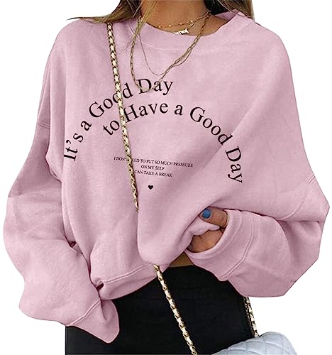 ORANDESIGNE Damen Sweatshirt Briefe Drucken Langarm Rundhals Pullover Herbst Winter Frauen Locker Casual Pulli Teenager Mädchen Oberteil Ohne Kapuze Sport Bluse Tops mit Los Angeles Drucken C Rosa S von ORANDESIGNE