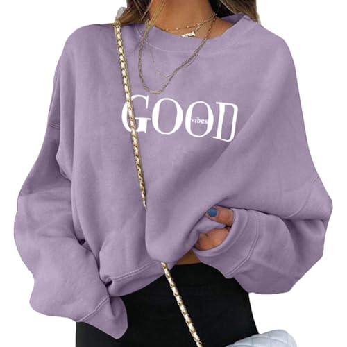 ORANDESIGNE Damen Sweatshirt Briefe Drucken Langarm Rundhals Pullover Warm Pulli Oversized Casual Bequem Teenager Mädchen Hoodie Sportbekleidung A Violett M von ORANDESIGNE