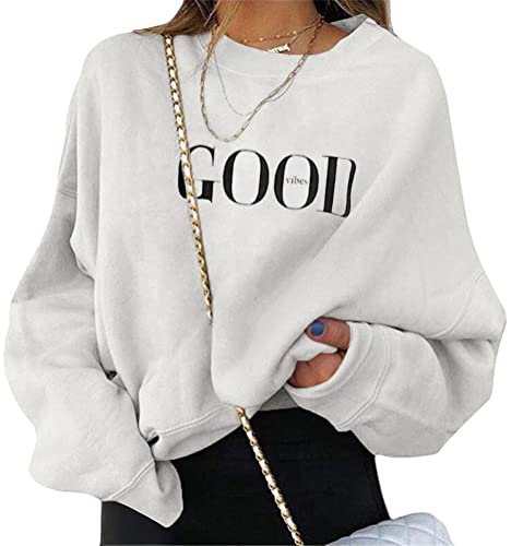 ORANDESIGNE Damen Sweatshirt Briefe Drucken Langarm Rundhals Pullover Warm Pulli Oversized Casual Bequem Teenager Mädchen Hoodie Sportbekleidung A Weiß L von ORANDESIGNE