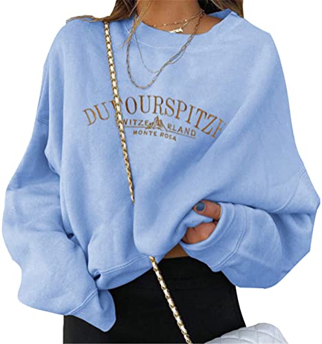 ORANDESIGNE Damen Sweatshirt Briefe Drucken Langarm Rundhals Pullover Warm Pulli Oversized Casual Bequem Teenager Mädchen Hoodie Sportbekleidung B Blau M von ORANDESIGNE