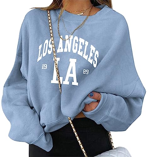 ORANDESIGNE Damen Sweatshirt Briefe Drucken Langarm Rundhals Pullover Warm Pulli Oversized Casual Bequem Teenager Mädchen Hoodie Sportbekleidung B Blau XL von ORANDESIGNE