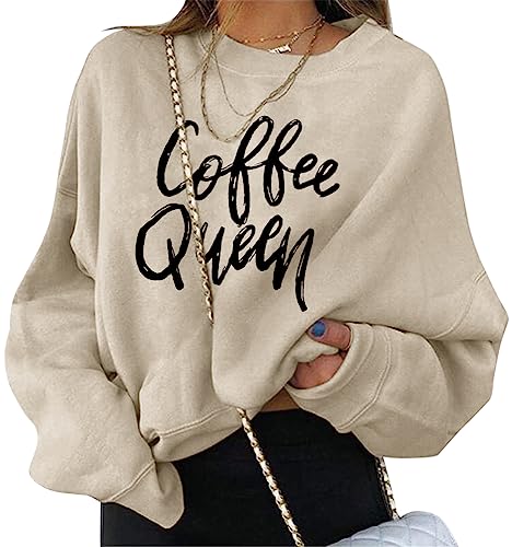 ORANDESIGNE Damen Sweatshirt Briefe Drucken Langarm Rundhals Pullover Warm Pulli Oversized Casual Bequem Teenager Mädchen Hoodie Sportbekleidung D Beige M von ORANDESIGNE