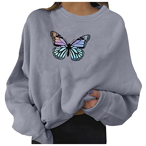 ORANDESIGNE Damen Sweatshirt Briefe Drucken Langarm Rundhals Pullover Warm Pulli Oversized Casual Bequem Teenager Mädchen Hoodie Sportbekleidung Schmetterlingsdruck Y2k Aesthetic Oberteile E Grau L von ORANDESIGNE