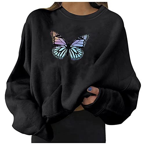 ORANDESIGNE Damen Sweatshirt Briefe Drucken Langarm Rundhals Pullover Warm Pulli Oversized Casual Bequem Teenager Mädchen Sportbekleidung Schmetterlingsdruck Y2k Aesthetic Oberteile E Schwarz L von ORANDESIGNE