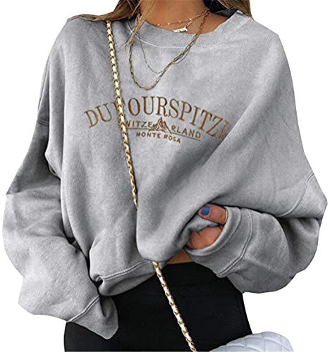 ORANDESIGNE Damen Sweatshirt Buchstaben Druck Langarm Rundhals Pullover Bauchfrei Warm Pulli Oversized Casual Bequem Teenager Mädchen Hoodie Sportbekleidung B Grau XS von ORANDESIGNE