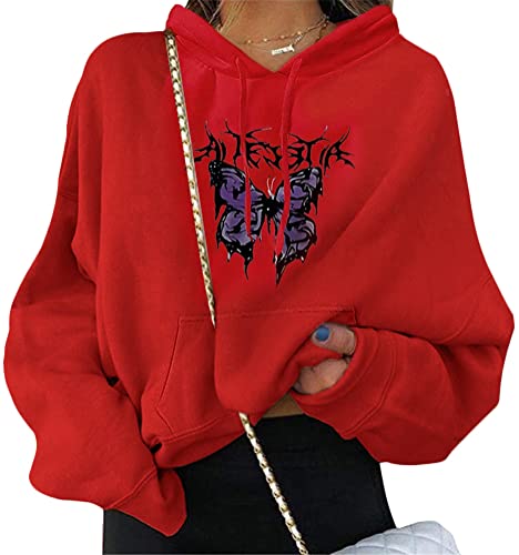 ORANDESIGNE Damen Sweatshirt Pullover Teenager Mädchen Hoodie Herbst Winter Hoodie Frauen Pullover Oberteile Langarmshirt Kapuzenpullover Mode Bequem Casual Pulli mit Kordel und Taschen A Rot L von ORANDESIGNE