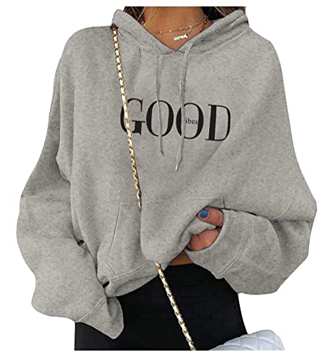 ORANDESIGNE Damen Sweatshirt Pullover Teenager Mädchen Hoodie Herbst Winter Hoodie Frauen Pullover Oberteile Langarmshirt Kapuzenpullover Mode Bequem Casual Pulli mit Kordel und Taschen B Grau XL von ORANDESIGNE