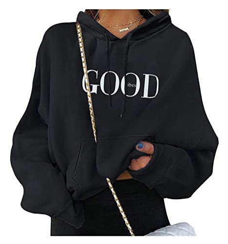 ORANDESIGNE Damen Sweatshirt Pullover Teenager Mädchen Hoodie Herbst Winter Hoodie Frauen Pullover Oberteile Langarmshirt Kapuzenpullover Mode Bequem Casual Pulli mit Kordel und Taschen B Schwarz XS von ORANDESIGNE