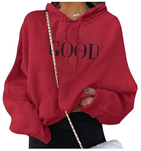 ORANDESIGNE Damen Sweatshirt Pullover Teenager Mädchen Hoodie Herbst Winter Hoodie Frauen Pullover Oberteile Langarmshirt Kapuzenpullover Mode Bequem Casual Pulli mit Kordel und Taschen B Weinrot L von ORANDESIGNE