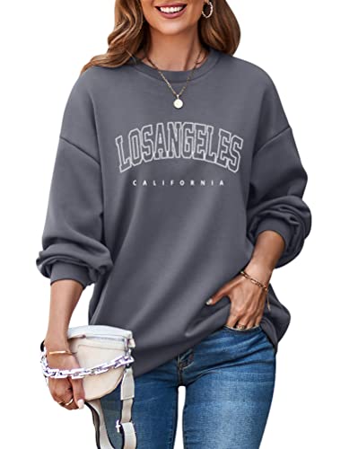 ORANDESIGNE Damen Sweatshirt ohne Kapuze Los Angeles Vintage Drucken Oversized Langarmshirt Rundhals Pullover Tops Teenager Mädchen Oberteile Hip Hop Top Casual Mode Brief Print Shirt B Grau XL von ORANDESIGNE