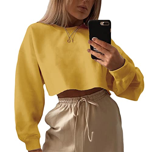 ORANDESIGNE Damen Sweatshirt ohne Kapuze Oversized Vintage Pullover Langarm Retro Lockerer Langarmshirt 90er Y2K Fashion Aesthetic E-Girl Teenager Mädchen Herbst Winter Pulli A Gelb S von ORANDESIGNE