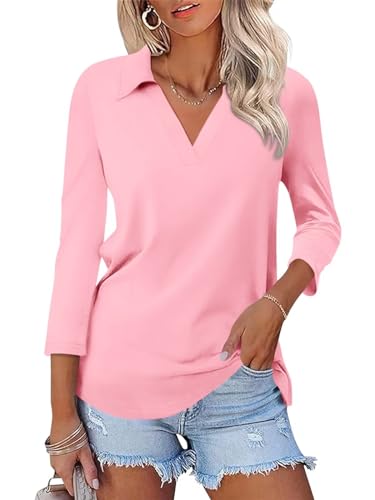 ORANDESIGNE Damen-T-Shirt, 3/4-Ärmel, V-Ausschnitt, lässig, Sommer, Basic-Kragen, niedliche T-Shirts, A1-pink, Groß von ORANDESIGNE