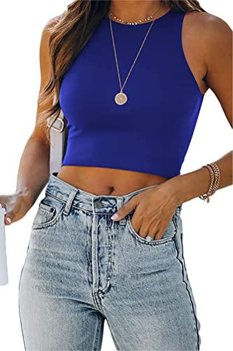 ORANDESIGNE Damen Tank Crop Top Bauchfrei Racerback Tanktop Top Elegant Camisole Årmellos Geripptes Oberteil Rundhals Casual Sommer Cutout Cami Top Shirt Trägershirt B Blau S von ORANDESIGNE