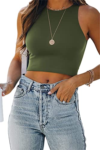 ORANDESIGNE Damen Tank Crop Top Bauchfrei Racerback Tanktop Top Elegant Camisole Årmellos Geripptes Oberteil Rundhals Casual Sommer Cutout Cami Top Shirt Trägershirt B Grün M von ORANDESIGNE