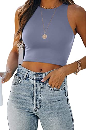 ORANDESIGNE Damen Tank Crop Top Bauchfrei Racerback Tanktop Top Elegant Camisole Årmellos Geripptes Oberteil Rundhals Casual Sommer Cutout Cami Top Shirt Trägershirt B Hellblau S von ORANDESIGNE