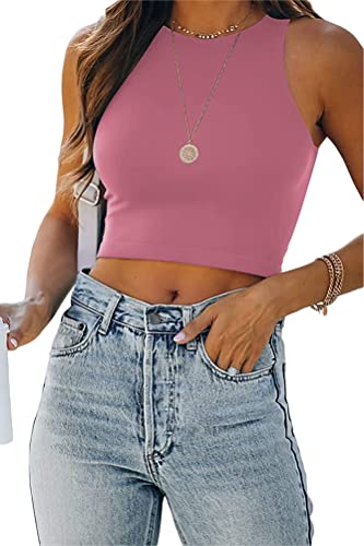 ORANDESIGNE Damen Tank Crop Top Bauchfrei Racerback Tanktop Top Elegant Camisole Årmellos Geripptes Oberteil Rundhals Casual Sommer Cutout Cami Top Shirt Trägershirt B Rosa M von ORANDESIGNE