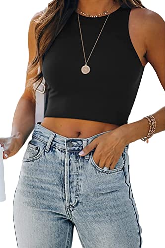 ORANDESIGNE Damen Tank Crop Top Bauchfrei Racerback Tanktop Top Elegant Camisole Årmellos Geripptes Oberteil Rundhals Casual Sommer Cutout Cami Top Shirt Trägershirt B Schwarz M von ORANDESIGNE