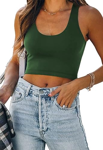 ORANDESIGNE Damen Tank Crop Top Bauchfrei Racerback Tanktop Top Elegant Camisole Årmellos Geripptes Oberteil Rundhals Casual Sommer Cutout Cami Top Shirt Trägershirt C Grün M von ORANDESIGNE