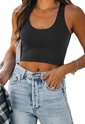 ORANDESIGNE Damen Tank Crop Top Bauchfrei Racerback Tanktop Top Elegant Camisole Årmellos Geripptes Oberteil Rundhals Casual Sommer Cutout Cami Top Shirt Trägershirt C Schwarz XS von ORANDESIGNE