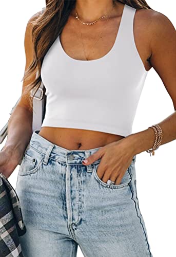 ORANDESIGNE Damen Tank Crop Top Bauchfrei Racerback Tanktop Top Elegant Camisole Årmellos Geripptes Oberteil Rundhals Casual Sommer Cutout Cami Top Shirt Trägershirt C Weiß S von ORANDESIGNE