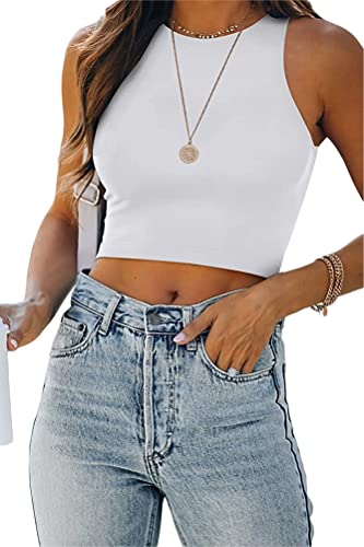 ORANDESIGNE Damen Tank Crop Top Bauchfrei Racerback Tanktop Top Elegant Camisole Årmellos Geripptes Oberteil Rundhals Casual Sommer Cutout Cami Top T Shirt Trägershirt B Weiß L von ORANDESIGNE