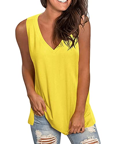 ORANDESIGNE Damen Tank Top Sommer Ärmellose T Shirt V-Ausschnitt Oberteile Tunika Casual Lose Shirt Top Damen T-Shirt Sommer Basic Tops Lockere Oberteile Solide Casual Shirts A Gelb S von ORANDESIGNE