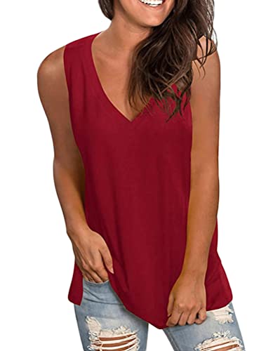 ORANDESIGNE Damen Tank Top Sommer Ärmellose T Shirt V-Ausschnitt Oberteile Tunika Casual Lose Shirt Top Damen T-Shirt Sommer Basic Tops Lockere Oberteile Solide Casual Shirts A Weinrot S von ORANDESIGNE