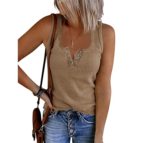 ORANDESIGNE Damen Tanktops mit V-Ausschnitt Sommer Gerippte Ärmellose Henley-Hemden Lässige Lose Geknöpfte Cami-Strick-T-Shirt E Khaki XL von ORANDESIGNE