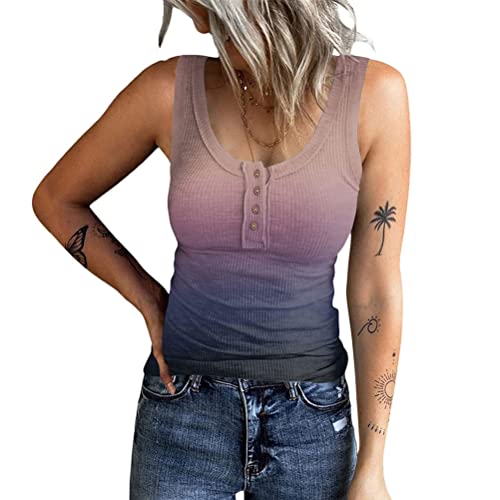 ORANDESIGNE Damen Tanktops mit V-Ausschnitt Sommer Gerippte Ärmellose Henley-Hemden Lässige Lose Geknöpfte Cami-Strick-T-Shirt F Rosa XS von ORANDESIGNE