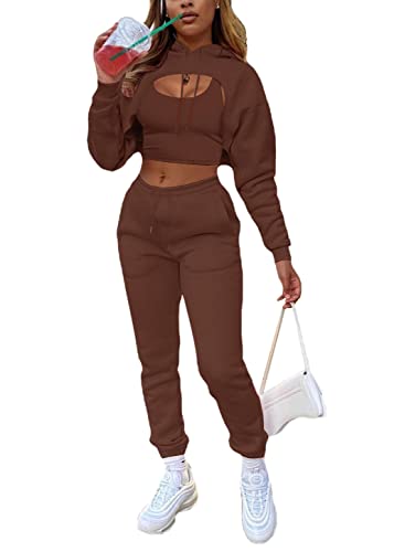 ORANDESIGNE Damen Trainingsanzüge 3-teiliges Set Vest + Crop Top mit Kapuze + Jogginghose Freizeitanzug Sportanzug Fitnessanzug für Running Yoga Gym Sportbekleidung A Braun S von ORANDESIGNE