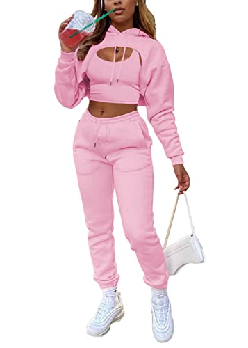 ORANDESIGNE Damen Trainingsanzüge 3-teiliges Set Vest + Crop Top mit Kapuze + Jogginghose Freizeitanzug Sportanzug Fitnessanzug für Running Yoga Gym Sportbekleidung A Rosa XS von ORANDESIGNE