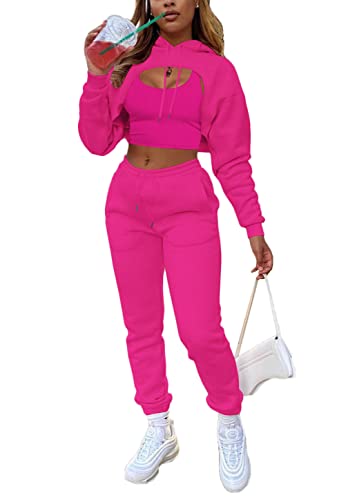 ORANDESIGNE Damen Trainingsanzüge 3-teiliges Set Vest + Crop Top mit Kapuze + Jogginghose Freizeitanzug Sportanzug Fitnessanzug für Running Yoga Gym Sportbekleidung A Rose XS von ORANDESIGNE