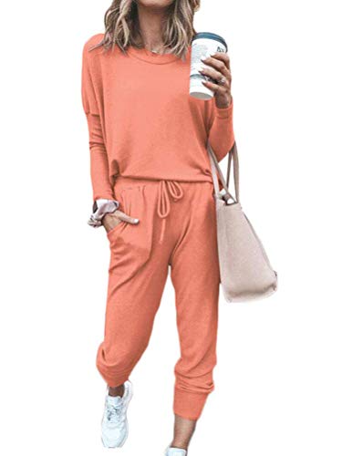 ORANDESIGNE Damen Trainingsanzug 2 Teiler Hausanzug Kuschelig Jogginganzug Sportliche Hose Mit Kordelzug Und Taschen Orange 42 von ORANDESIGNE