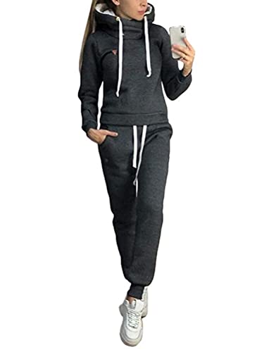 ORANDESIGNE Damen Trainingsanzug Mode Langarm Kapuzenpullover Sweatshirt mit Lange Hose Casual Jogginganzug Sportanzug mit Warm Gefüttert Winter Herbst 2 Stück Set Hoodie (34, A Schwarz) von ORANDESIGNE