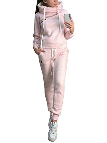 ORANDESIGNE Damen Trainingsanzug Mode Langarm Kapuzenpullover Sweatshirt mit Lange Hose Casual Jogginganzug Sportanzug mit Warm Gefüttert Winter Herbst 2 Stück Set Hoodie A Rosa 34 von ORANDESIGNE