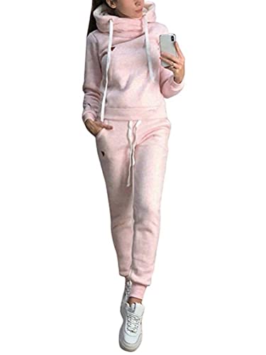 ORANDESIGNE Damen Trainingsanzug Mode Langarm Kapuzenpullover Sweatshirt mit Lange Hose Casual Jogginganzug Sportanzug mit Warm Gefüttert Winter Herbst 2 Stück Set Hoodie A Rosa 40 von ORANDESIGNE