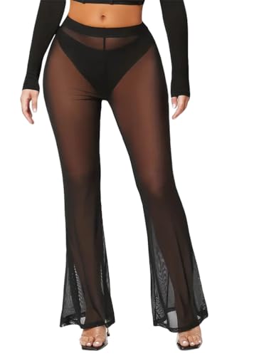 ORANDESIGNE Damen Transparent Schlaghose Yogahose Elastischer Bund Mesh Lange Hosen Hohe Taille Strandhose Rave Outfit A Schwarz M von ORANDESIGNE